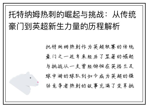 托特纳姆热刺的崛起与挑战：从传统豪门到英超新生力量的历程解析