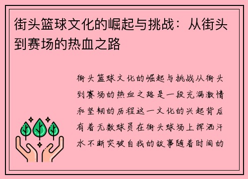 街头篮球文化的崛起与挑战：从街头到赛场的热血之路