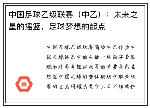 中国足球乙级联赛（中乙）：未来之星的摇篮，足球梦想的起点