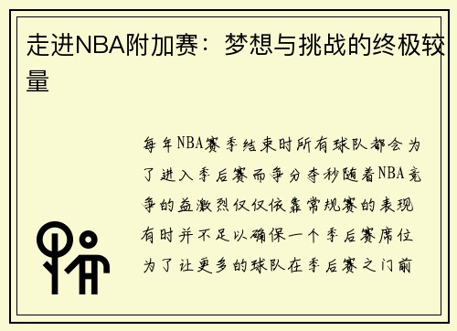 走进NBA附加赛：梦想与挑战的终极较量